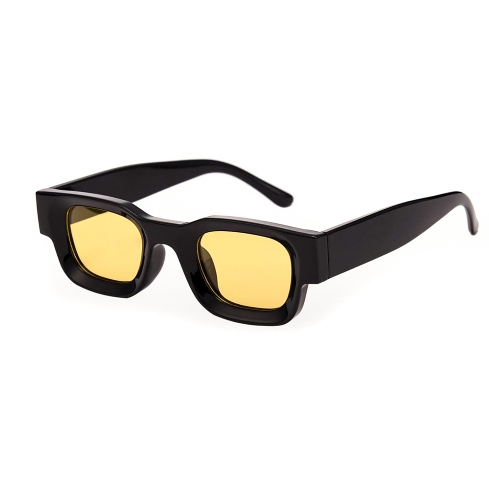 Yellow Tint Small Black Square Frame 90's Retro Men Women Rectangle Sunglasses